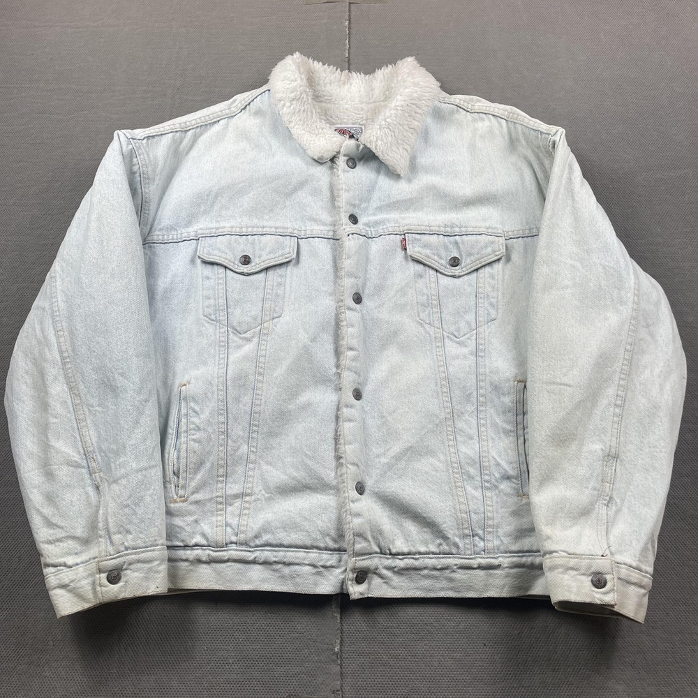 Vintage Levis Denim Bomber Jacket Mens 2XL Blue Sherpa Lined Trucker Snap USA